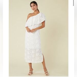 Abbey Glass Sutton Lace 3D Floral Ruffle One Shoulder Midi Dress White NWT $185